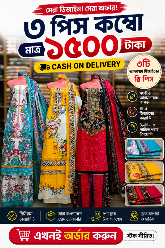 1500 টাকায় তিন পিসের কম্বো প্যাকেজ জমজম থ্রি পিস স্টাইলিশ ও আরামদায়ক থ্রিপিস এখন সবার নাগালের মধ্যে